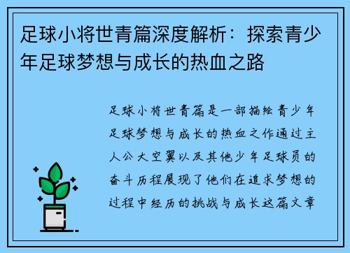 足球小将世青篇深度解析：探索青少年足球梦想与成长的热血之路